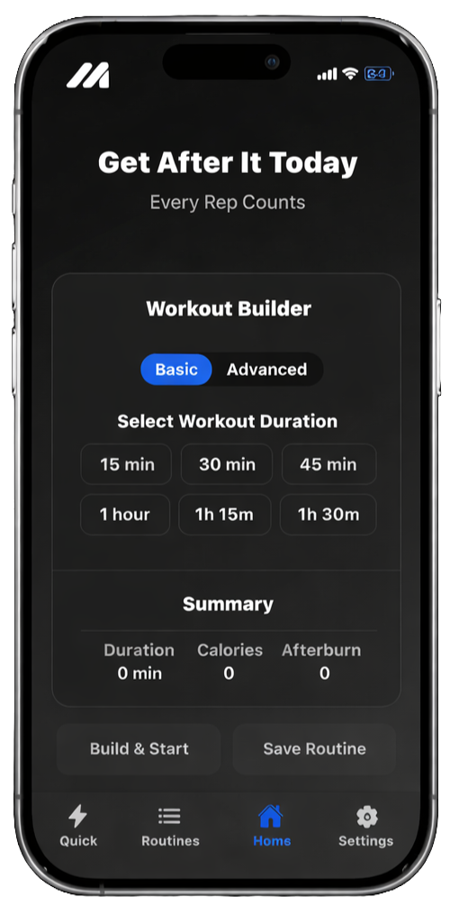 Momentum Fitness Journal app screenshot on iPhone showing workout builder and time-based timer